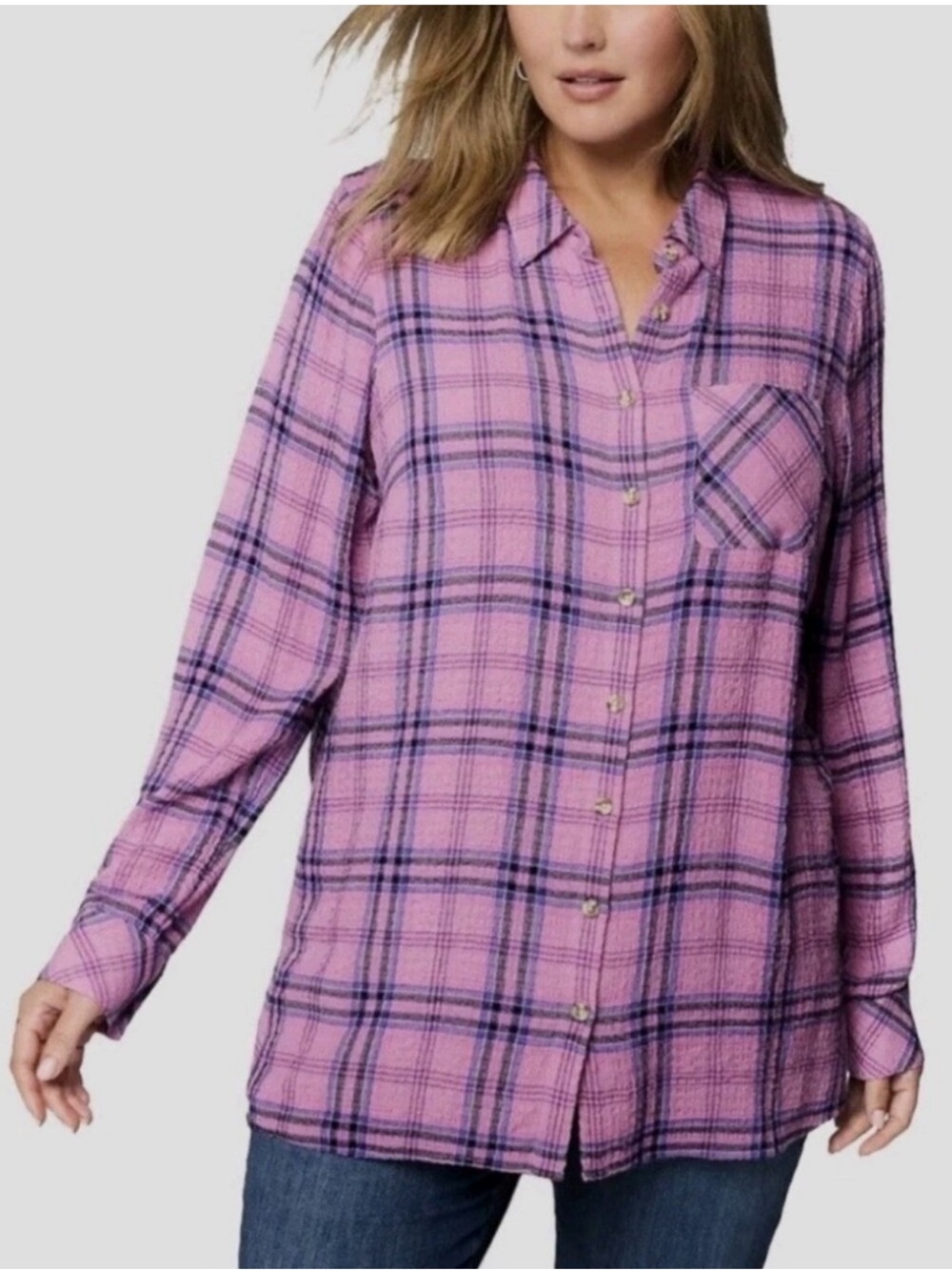 J Jill Womens 2X Plaid Button Up Tunic Shirt Purple Blue Long Sleeve Relaxed